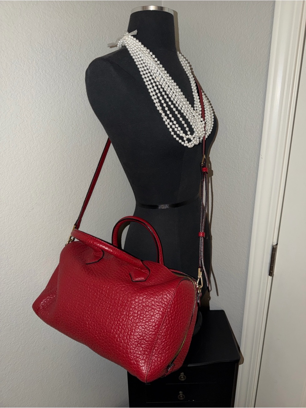 Burberry Red Pebbled Leather Shoulder Bag with Gold Plate